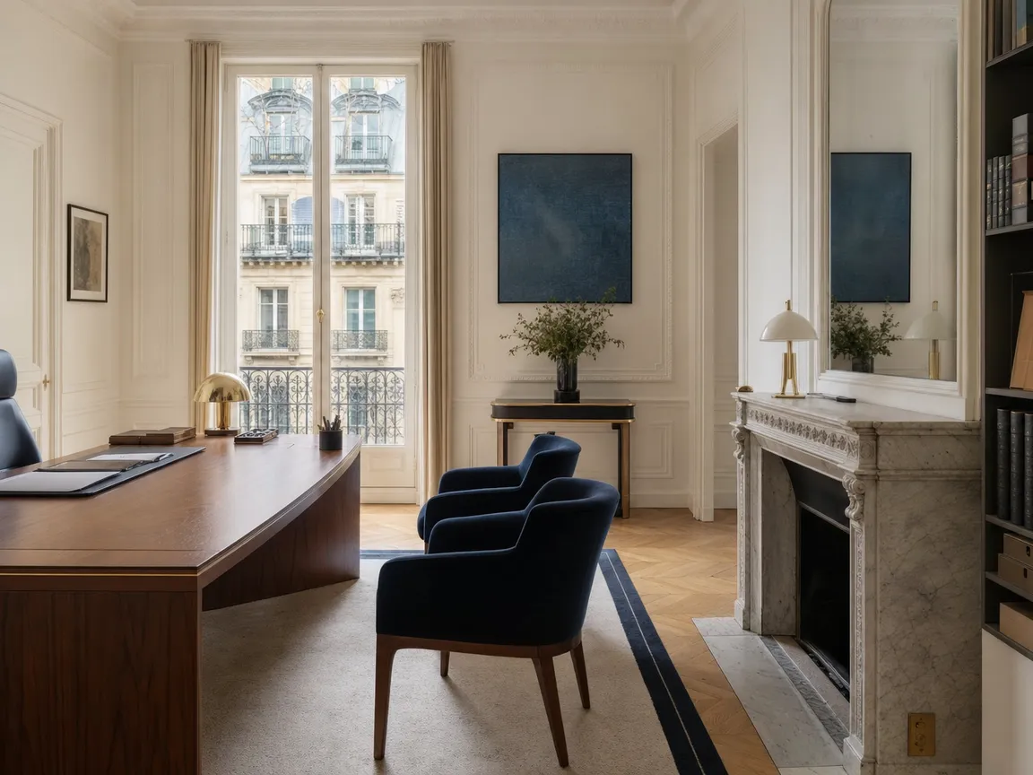 Le cabinet : grand bureau, cheminée en marbre et bibliothèque