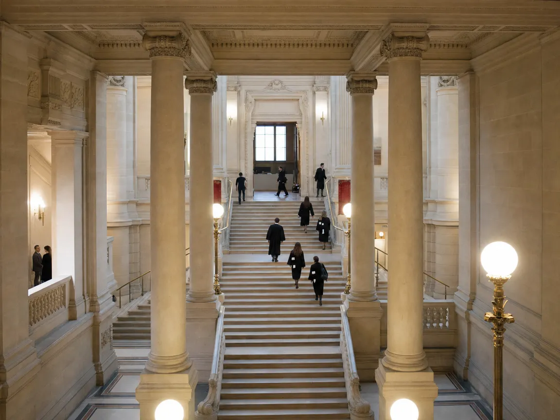 Le grand escalier et les colonnes d'un palais de justice parisien
